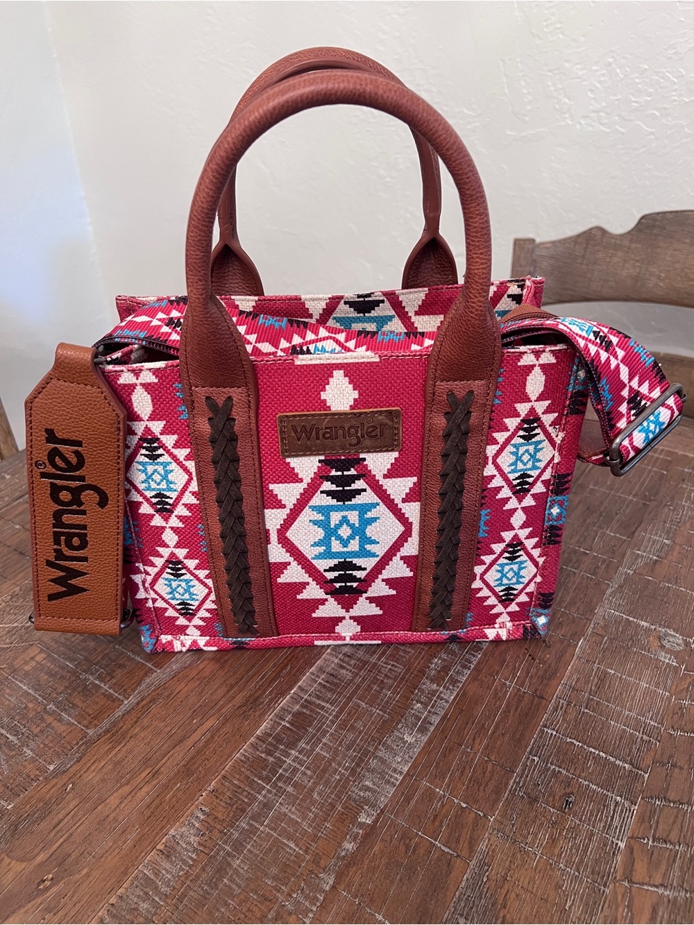 Wrangler Hobo Aztec-Patterned Tote Bag Shoulder Top Handle  with Brown Trim